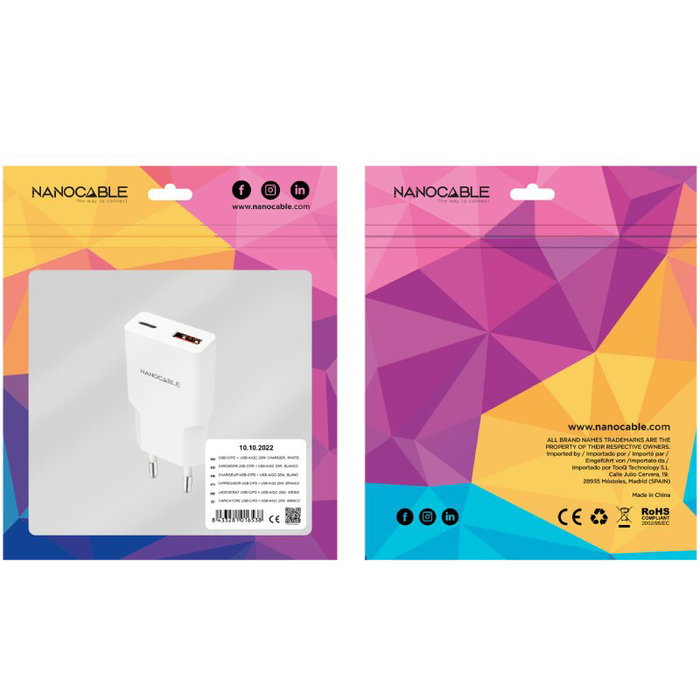 Nanocable Cargador de Pared 20W con USB-C PD y USB-A QC, Blanco